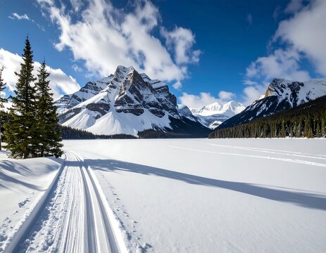 A scenic winter landscape features a snow-covered lake, cross-country ski tracks, mountains, pine trees, and a partly cloudy blue sky