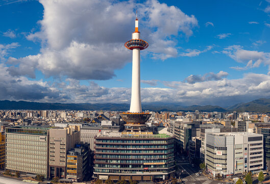 Kyoto Tower Rising Above Urban Skyline on a Clear Day