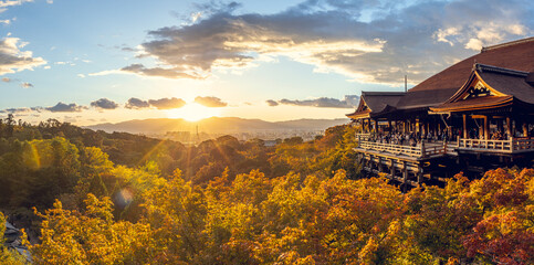 Kiyomizu-dera Temple at Sunset Overlooking Kyoto City and Autumn Forest