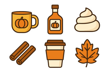 Flat design icons of pumpkin spice ingredients including coffee mug and cinnamon sticks