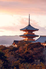 Sunset View of Kiyomizu-dera Temple Pagoda in Kyoto, Japan with Mountain Landscape