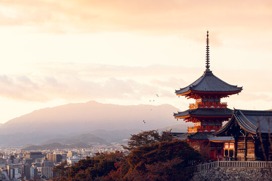 Sunset View of Kiyomizu-dera Temple Pagoda in Kyoto, Japan with Mountain Landscape