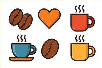 Colorful collection of coffee icons featuring steaming mugs, cups, beans, and a heart symbol
