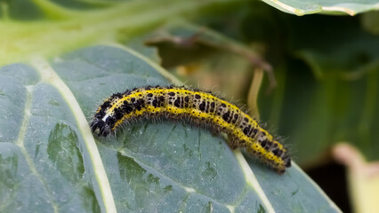 Close-up of a bright yellow and black-spotted Large White Butterfly, Pieris brassicae, caterpillar feeding on a green cabbage leaf, showing its hairy texture.