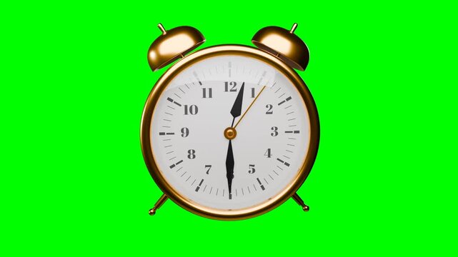 gold analog alarm clock 3d animation on a green background, 12am to 1 pm