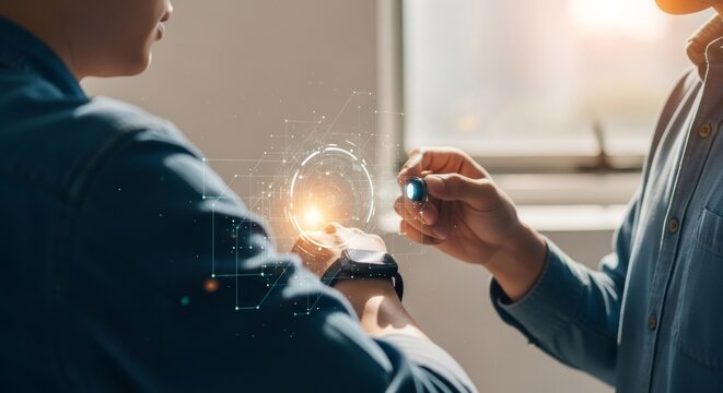 Man using futuristic device to project smart grid data on smart watch. Digital twin concept for industrial robotization and AI.