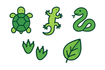 Stylized green reptile icons featuring a turtle, lizard, and snake with footprints and a leaf