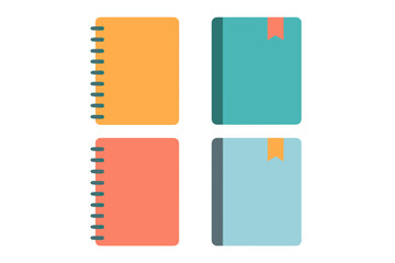 Colorful closed books and spiral bound notebooks stacked representing learning and organization