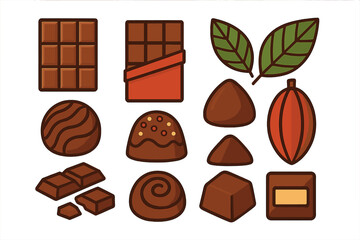 Assortment of gourmet chocolate candies, bars, bonbons, truffles, and cocoa plant ingredients