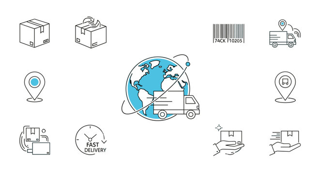 Global delivery service icons: a truck circling the Earth, package tracking pins, barcode, fast delivery clock, and hands holding boxes, representing logistics, shipping, and e-commerce, perfect for