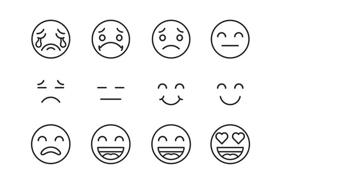 Collection of simple line art emoji icons representing a range of emotions from sadness and disappointment to joy and love, perfect for UI design, web, apps, and print materials, with editable stroke