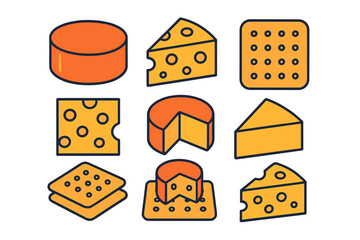 Set of colorful cheese and cracker icons representing various dairy products and snacks
