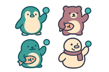 Cute cartoon penguin, brown bear, seal, and snowman set holding fish and snowballs