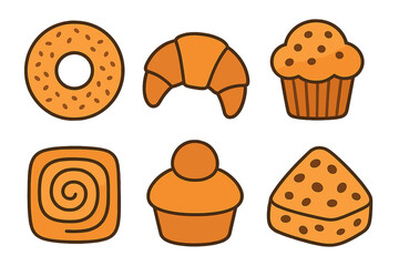 Six simple baked goods icons featuring croissant, muffin, donut, and sweet rolls