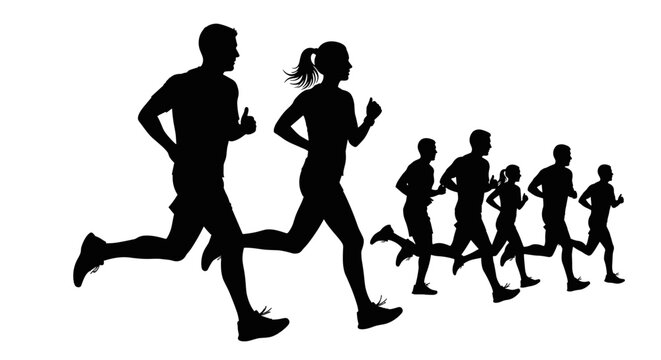 Dynamic Silhouettes of Diverse Runners in Motion: A Man and Woman Lead a Group Marathon, Isolated Abstract Vector Art Showcasing Athleticism and Endurance on a White Background, Perfect for Sports