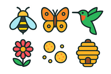 Brightly colored set of flying insects a flower and a traditional beehive