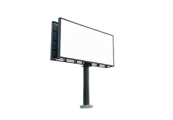 Fototapeta premium Empty advertising billboard with black metal frame mounted on tall pole with concrete base and lighting, isolated on a transparent background