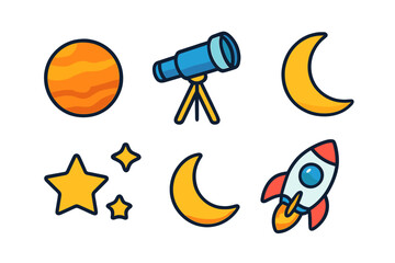 Cute cartoon space icons set featuring planet, telescope, crescent moon, stars, and rocket ship