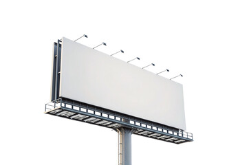 Obraz premium Large blank white billboard with metal frame, lighting fixtures, and industrial support structure elevated on pole, isolated on a transparent background