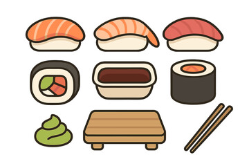Assortment of classic Japanese sushi, maki rolls, nigiri, wasabi, soy sauce, and wooden chopsticks