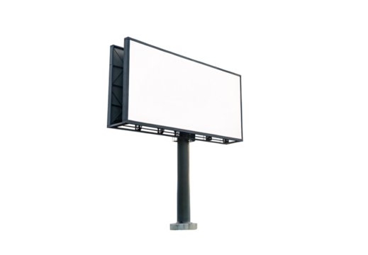 Empty advertising billboard with black metal frame mounted on tall pole with concrete base and lighting, isolated on a transparent background - Powered by Adobe