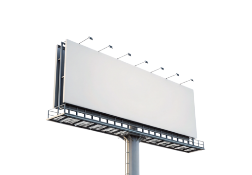 Large blank white billboard with metal frame, lighting fixtures, and industrial support structure elevated on pole, isolated on a transparent background