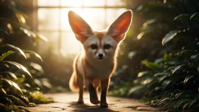 fennec fox walking in sunlit lush garden