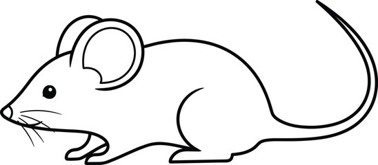Cartoon mouse line art, black and white illustration, sitting rodent with long tail, minimalist sketch, cute animal, children’s design
