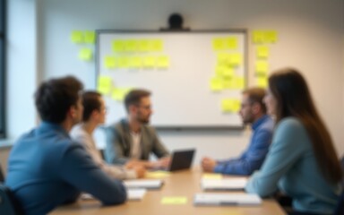 Meeting room with sticky notes and blurred people. High quality