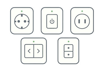 Smart home technology interface icons for power switches, electrical sockets, and dimmer controls