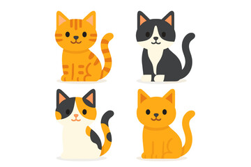 Cute cartoon cats set with different breeds and fur colors sitting together