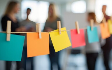 Colorful cards clipped on a string with blurred people in the background, ideal for teamwork, organization, and brainstorming concepts. High quality