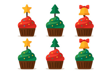 Colorful Christmas dessert cupcakes topped with seasonal star tree and bell icons