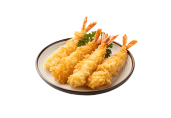 Fried shrimp tempura on plate, golden crispy breaded prawns with tails and garnish, isolated on a transparent background