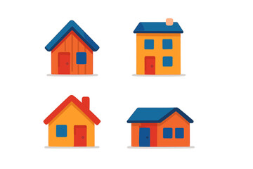 Set of four colorful residential houses and buildings featuring bright orange, yellow, and blue