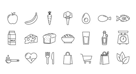 Set of outline icons related to nutrition and healthy eating, including fruits, vegetables, dairy, grains, protein, and kitchen tools. This linear icon collection features editable strokes and is