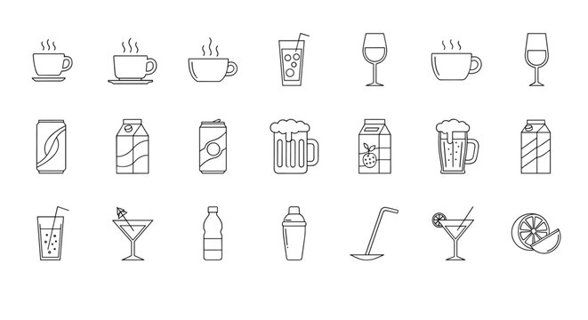 A versatile collection of 21 minimalist line icons representing various beverages and drink-related items, perfect for graphic and web design, app interfaces, advertisements, and more. Includes