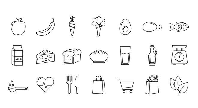 Set of outline icons related to nutrition and healthy eating, including fruits, vegetables, dairy, grains, protein, and kitchen tools. This linear icon collection features editable strokes and is