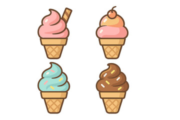 Four sweet soft-serve ice cream cones in waffle cups with various flavors and toppings