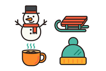 Smiling snowman, wooden sled, steaming mug, and knitted beanie cap winter elements