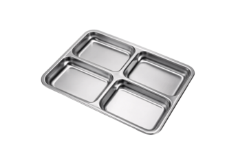 Stainless steel four-compartment divided tray with raised edges and rounded corners viewed from angle, isolated on a transparent background