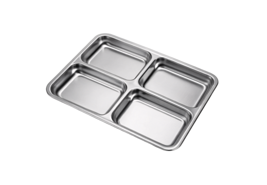 Stainless steel four-compartment divided tray with raised edges and rounded corners viewed from angle, isolated on a transparent background