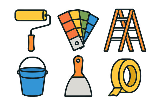 Essential tools for home painting and renovation projects including roller, ladder, and color swatches