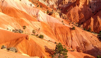 Striated red, orange, and white clay hills form a desert landscape dotted with small trees and brush