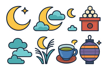 Japanese Tsukimi festival icons set with moon, dango, pampas grass, tea, and lantern