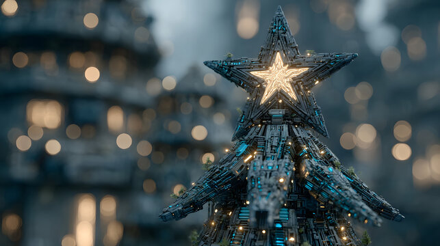 A futuristic Christmas tree with circuit details and a glowing star on a blue background with bokeh. Christmas and New Year's concept.