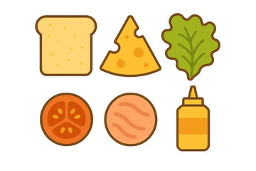Set of sandwich component icons including bread, cheese, lettuce, tomato, and meat