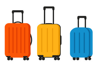 Three rolling travel suitcases in orange, yellow, and blue colors