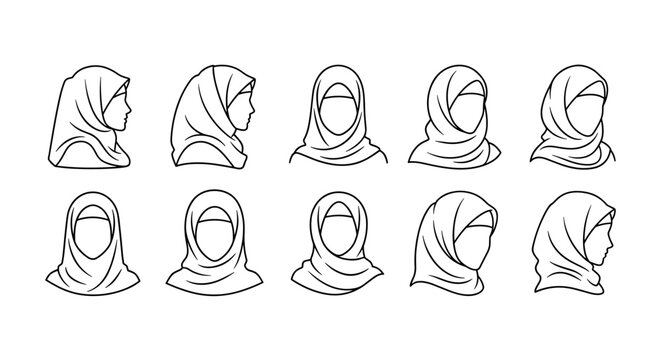 Collection of diverse Islamic woman silhouettes wearing hijabs, presented as clean line art icons on a white background, showcasing various headscarf styles and profile views for versatile design