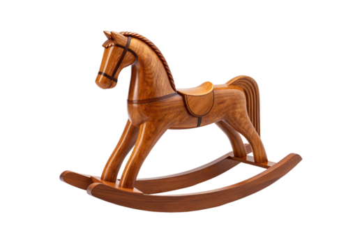 Wooden rocking horse with saddle and bridle details, polished finish and curved base in rich brown